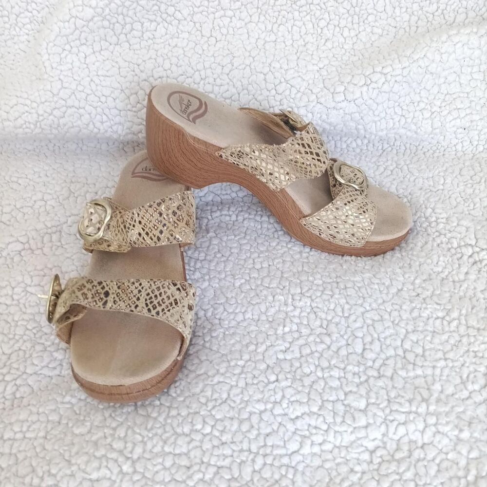 Dansko metallic gold snakeskin embossed leather wedge sandals Size 38